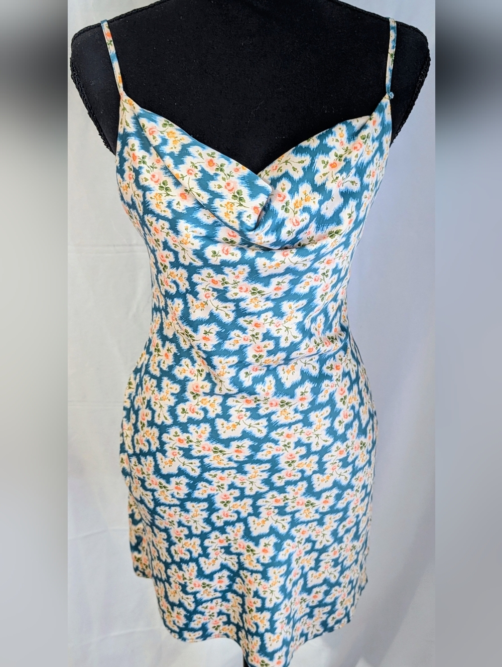 Urban Outfitters Blue Floral Satin Mini Dress Cowl Neck Size S Adjustable Straps